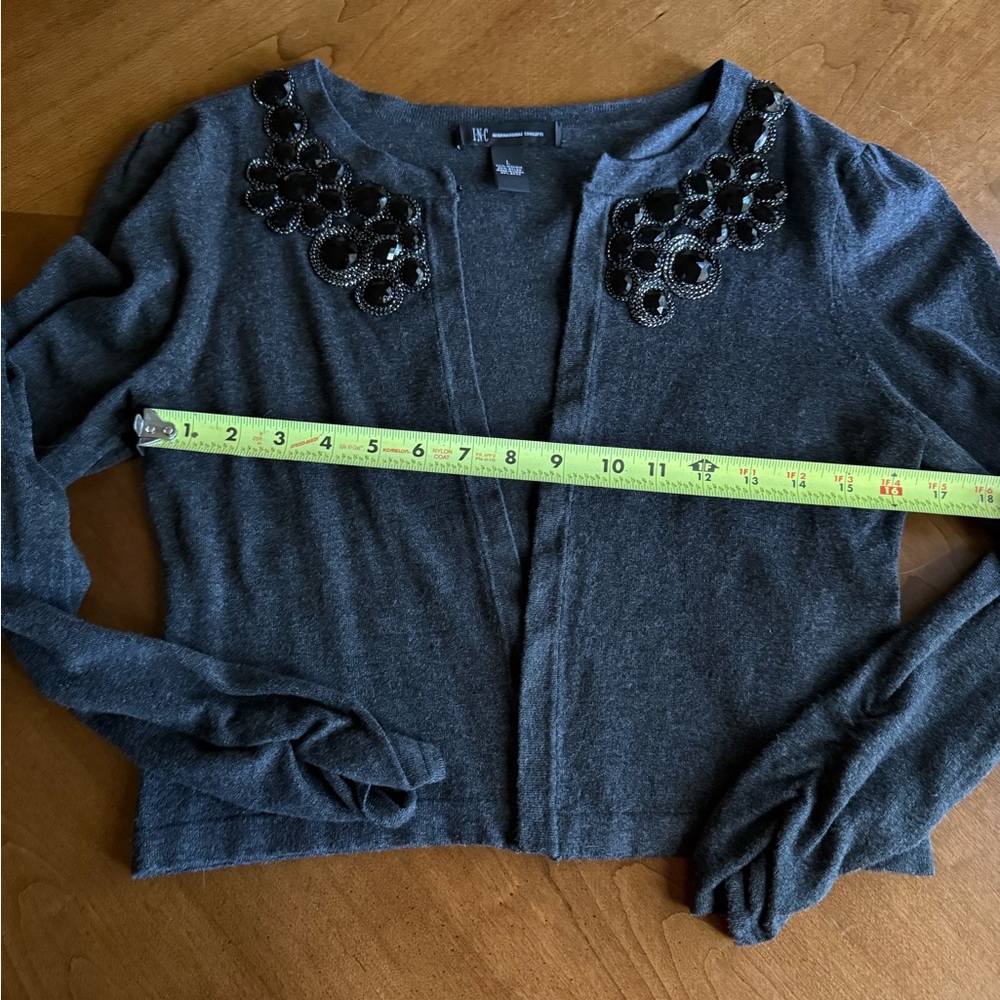 INC International Concepts Gray Cropped Cardigan with Black Beaded Detail large
